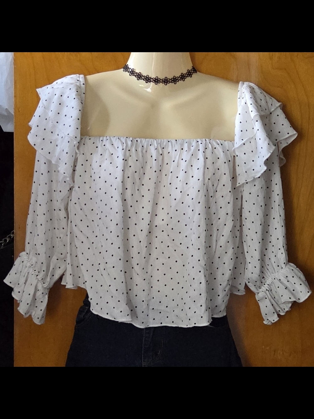 White Off-Shoulder Polka Dot Ruffle Blouse Feminine Coquette Fairycore Bohemian